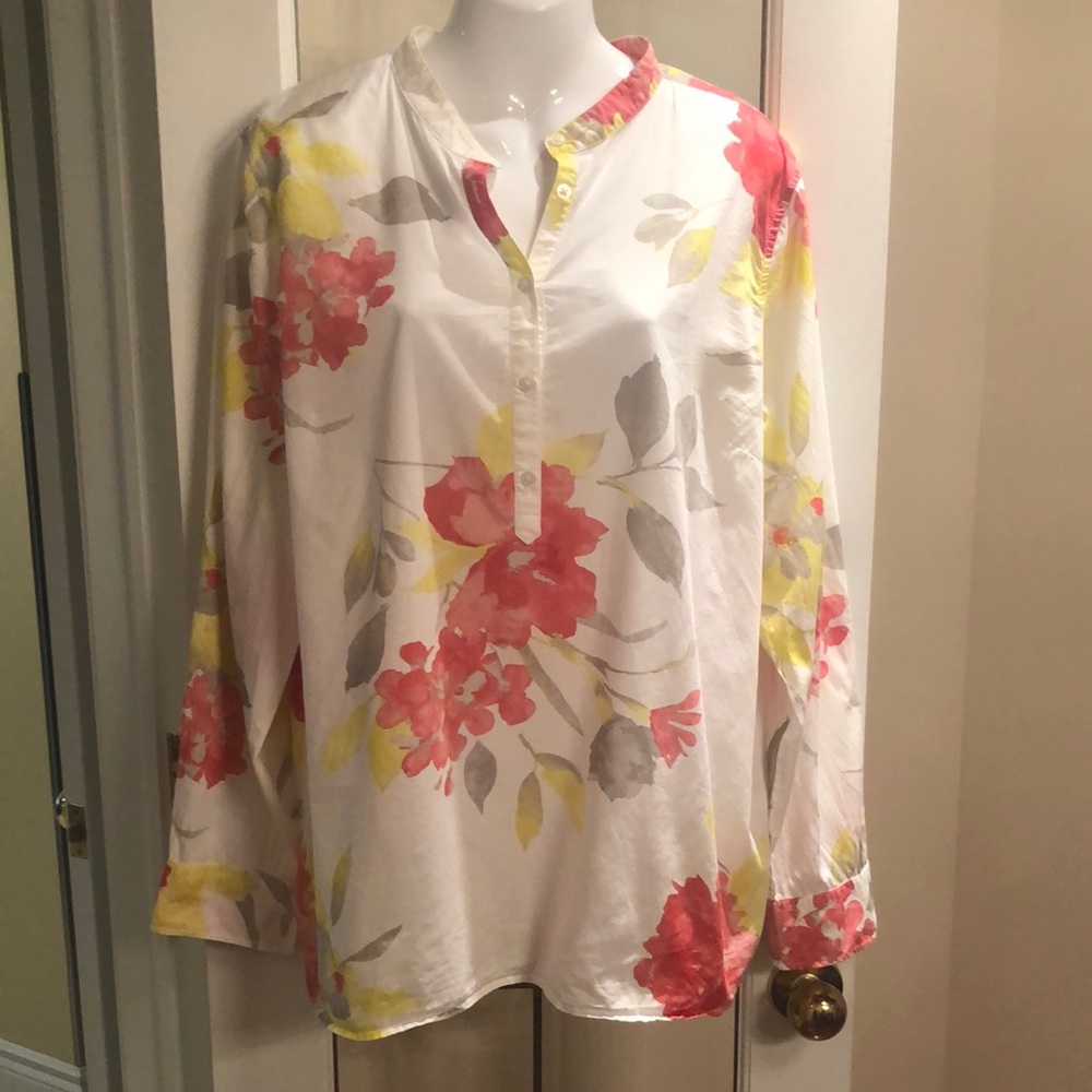 Floral Split-Neck Women's Top in White with Coral & Yellow